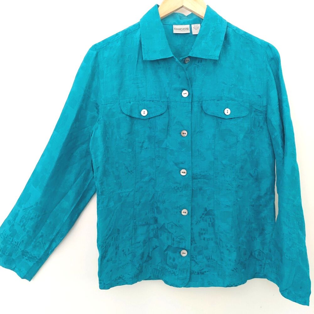 Chicos Long Sleeve Shirt Shacket Size 1 M Linen & Silk Button Up Teal Blue